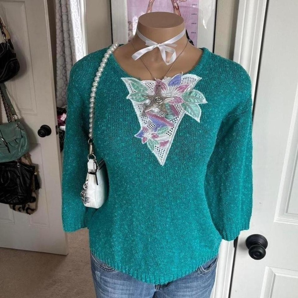 Vintage 2000s avant garde fairy turquoise floral knit sweater